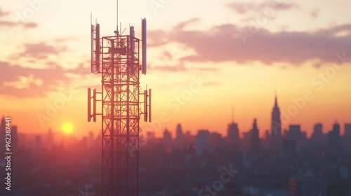 Wallpaper Mural 5G cell tower in a city, tall and metallic, skyline in the background, evening light Torontodigital.ca