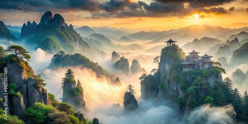 ethereal daoist landscapes mystical misty mountains subtle calligraphy whispers ancient wisdom soft pastel hues dreamy atmosphere contemplation