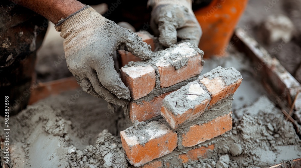close-up of a bricklayer at a construction site setting bricks on cement mixture. Build more affordable housing to alleviate the housing crisis close-up of a bricklayer at a construction site setting bricks on cement mixture. Build more affordable housing to alleviate the housing crisis