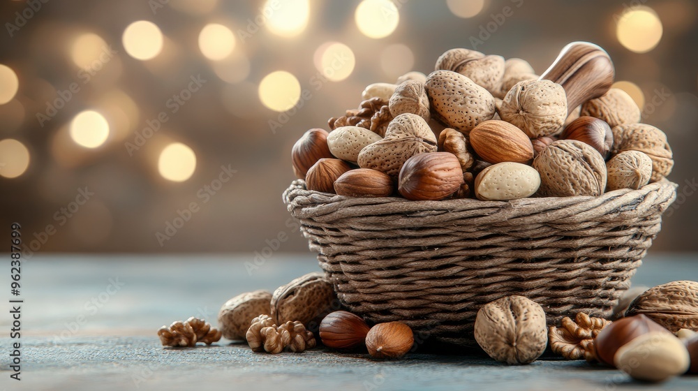 Basket of mixed nuts, with a nutcracker, set on a table, warm indoor light Basket of mixed nuts, with a nutcracker, set on a table, warm indoor light