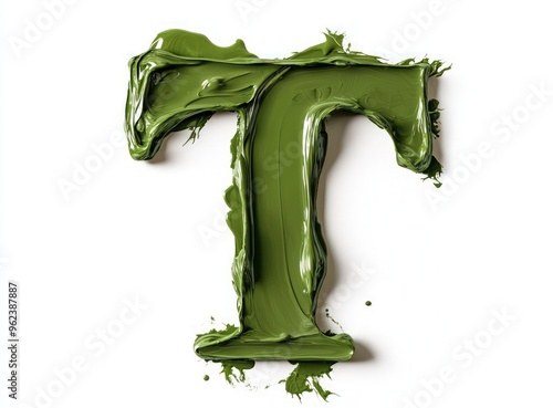 Olive green paint creates the letter T on white background, featuring soft shadows. photo