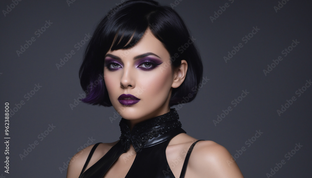 Fototapeta premium Elegant Woman with Dark Bob Hairstyle and Bold Purple Makeup 