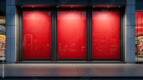 Black Friday posters, plastered on store walls, bold red text, bright store lighting