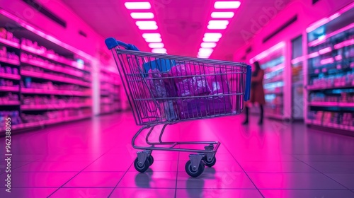 Wallpaper Mural Black Friday shopping cart, overflowing with items, woman pushing it through a store aisle, bright overhead lighting Torontodigital.ca