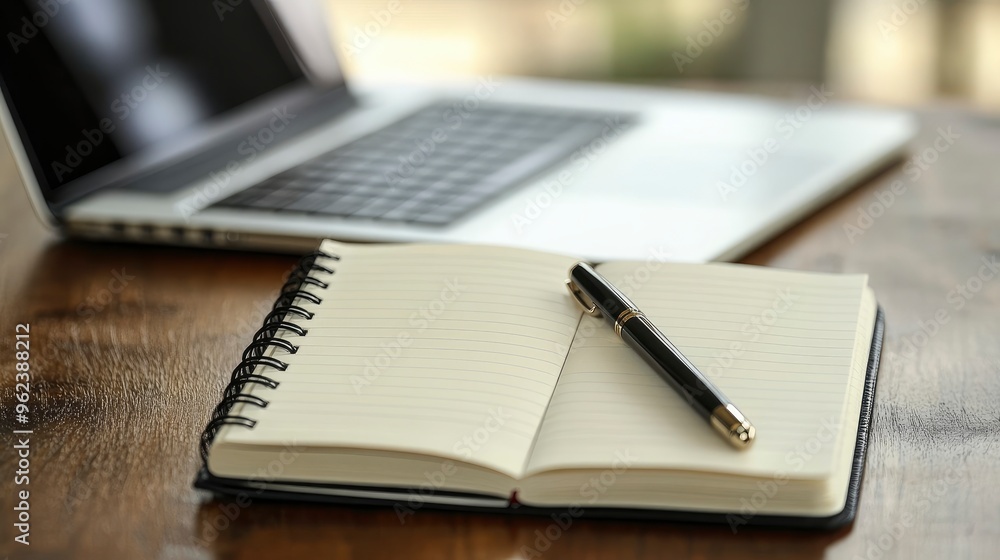 Business notebook and pen, placed next to a laptop, on a modern office desk, soft natural light Business notebook and pen, placed next to a laptop, on a modern office desk, soft natural light