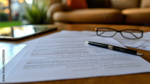 Wallpaper Mural Business documents spread out on a modern table, pens and a digital tablet nearby, soft indoor light Torontodigital.ca