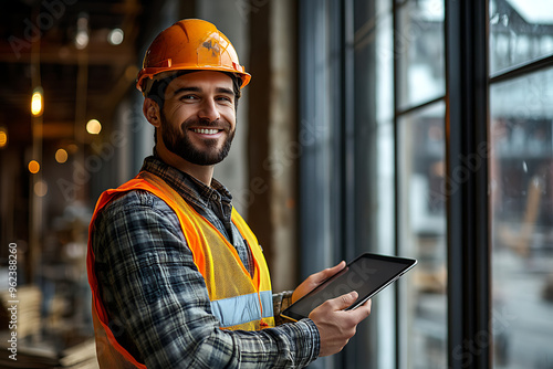 Construction worker wearing a high-visibility vest, holding an iPad and reviewing information on the screen