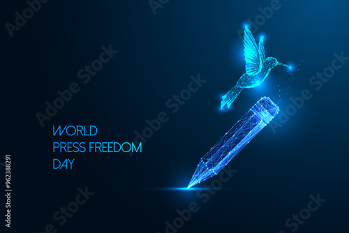World Press Freedom Day with pencil and colibri bird. Journalism, free speech, global media rights