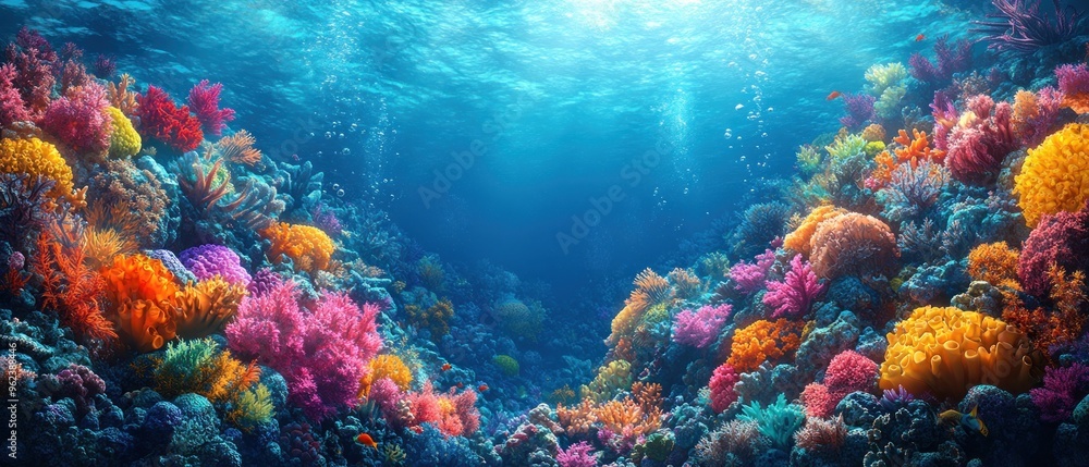 Naklejka premium Underwater View of Vibrant Coral Reef in Clear Blue Water