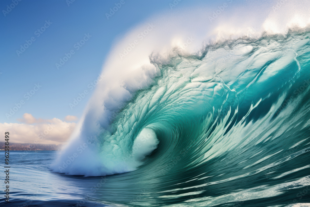 Beautiful tube wave in the Pacific curls on a sunny day. Big breaking ocean wave. Beautiful tube wave in the Pacific curls on a sunny day. Big breaking ocean wave.