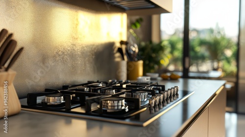 Modern kitchen featuring a sizable gas cooktop burner