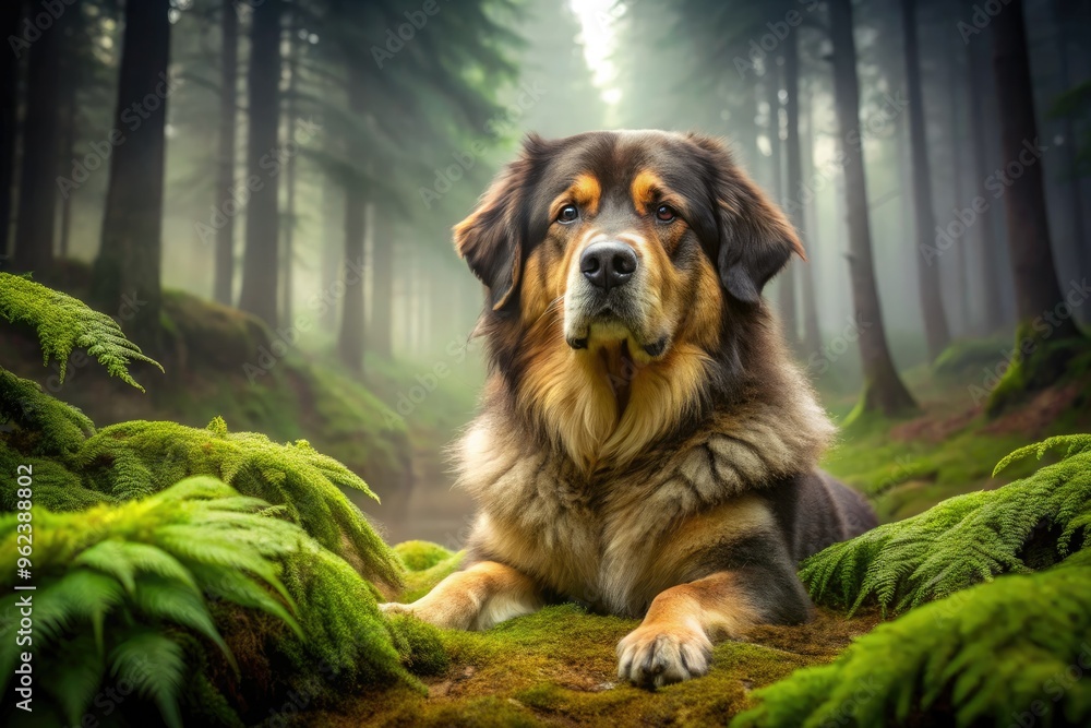 ethereal tibetan mastiff mix lounging on misty forest floor surrounded by eerie fog, eerie green moss, and delicate ferns in softfocused monochrome ethereal tibetan mastiff mix lounging on misty forest floor surrounded by eerie fog, eerie green moss, and delicate ferns in softfocused monochrome