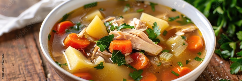 Chicken Soup with Potatoes, Carrots, and Onions in a White Bowl Chicken Soup with Potatoes, Carrots, and Onions in a White Bowl