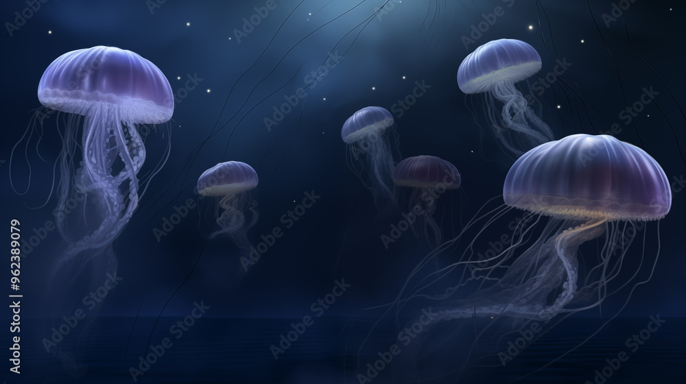 Lavender Jellyfish in Midnight Ocean Depths Lavender Jellyfish in Midnight Ocean Depths