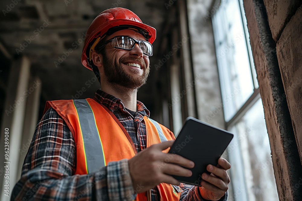 Construction worker wearing a high-visibility vest, holding an iPad and reviewing information on the screen
Construction worker wearing a high-visibility vest, holding an iPad and reviewing information on the screen