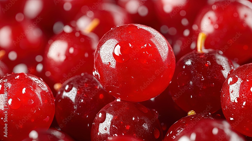Cranberries, close-up of berries, bright red and glossy, natural sunlight Cranberries, close-up of berries, bright red and glossy, natural sunlight