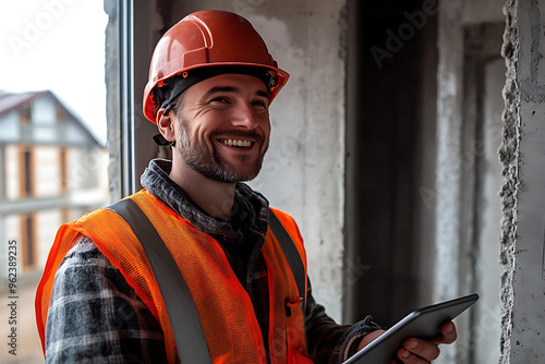 Construction worker wearing a high-visibility vest, holding an iPad and reviewing information on the screen