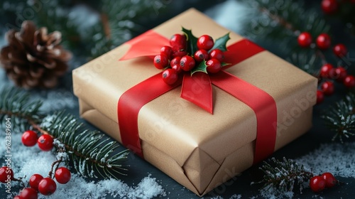 A brown gift box with a red ribbon and holly berry on top, surrounded by pine branches, snow, and a pine cone.