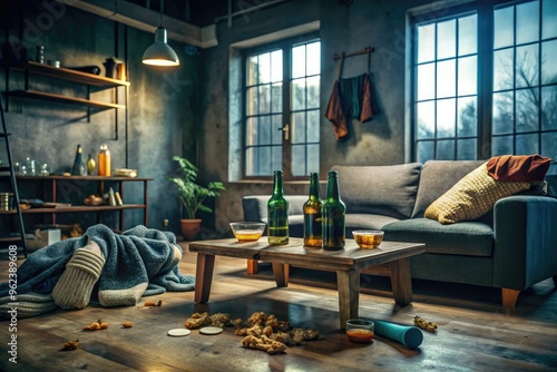 gloomy moody atmospheric messy bachelor's pad scattered beer bottles games unwashed dishes dirty socks