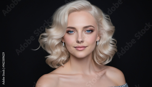 Elegant Girl with Wavy Blonde Hair in Sparkling Attire Against Dark Backdrop