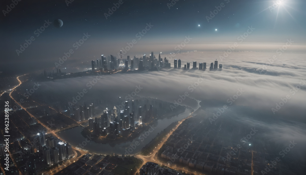 Fototapeta premium View from far above of a city shrouded in haze due to industrial air pollution, fine dust and exhaust pollution in urban centers