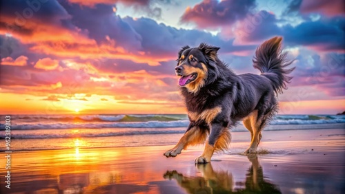 playful tibetan mastiff cross running freely on windswept beach at dusk with vibrant pinks, blurred motion, and exaggerated depth of field photo