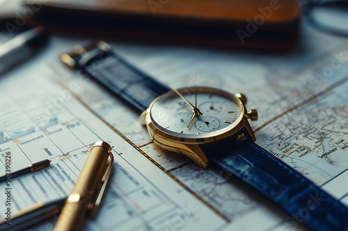 A gold wristwatch with a white face and blue leather strap lies on a table with two pens and a map. photo