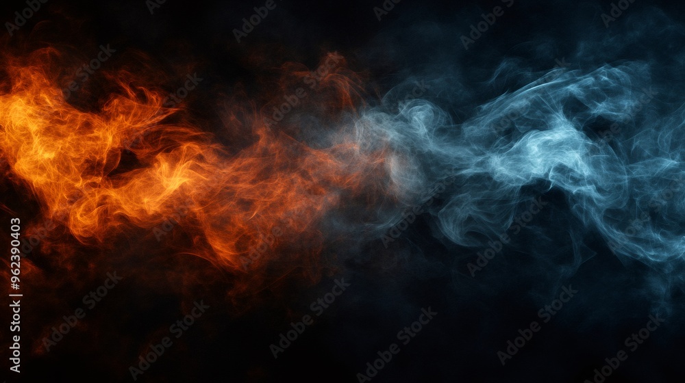 Fototapeta premium Abstract background with orange and blue smoke on a black background.