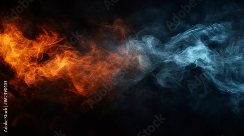 Abstract background with orange and blue smoke on a black background.