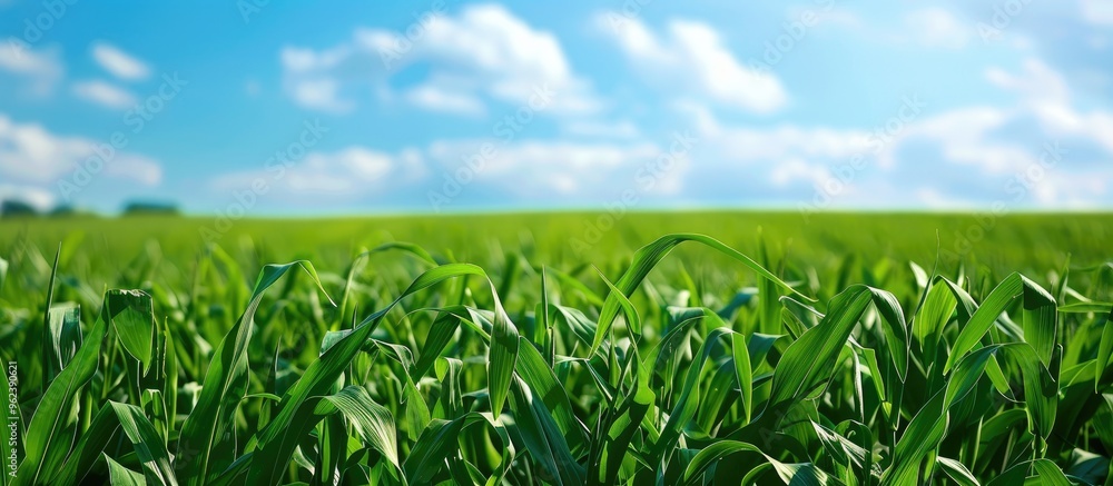 Fototapeta premium Green Corn Field In Early Summer With Blue Sky In The Background