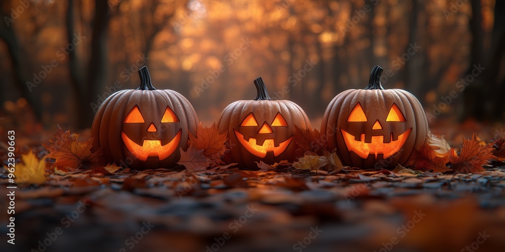 A festive Halloween scene featuring two carved pumpkins with classic jack-o’-lantern faces. The pumpkins sit side by side on a rustic wooden surface, surrounded by vibrant autumn leaves. A festive Halloween scene featuring two carved pumpkins with classic jack-o’-lantern faces. The pumpkins sit side by side on a rustic wooden surface, surrounded by vibrant autumn leaves.