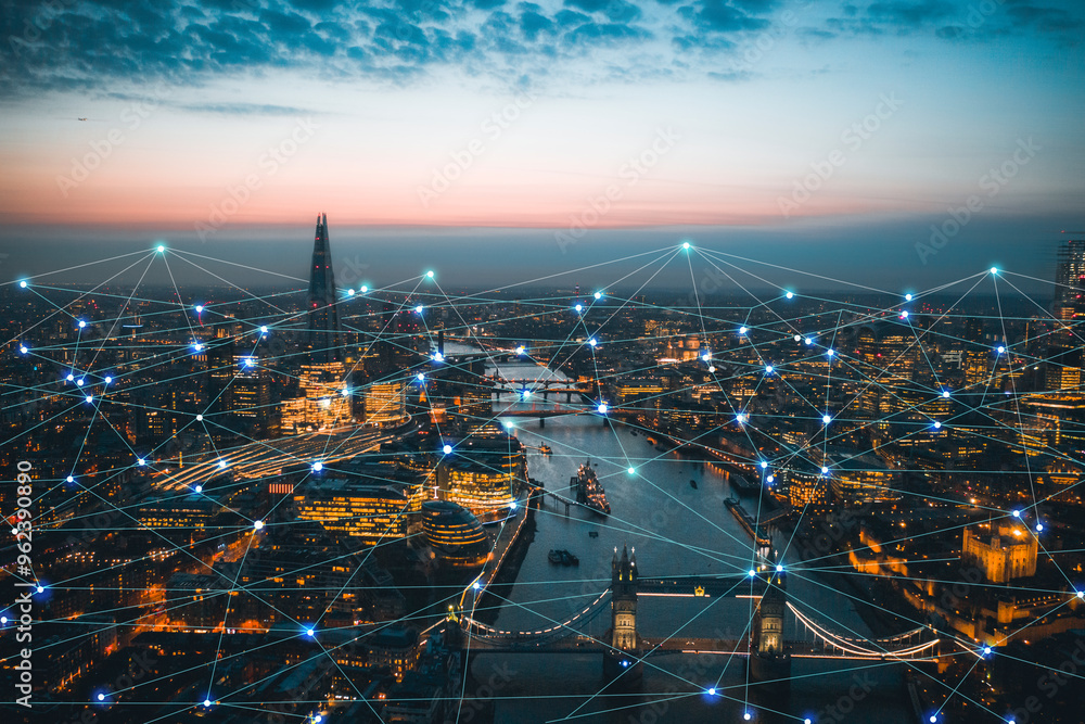 Aerial panoramic sunset cityscape view of London scenery big data network connections Aerial panoramic sunset cityscape view of London scenery big data network connections
