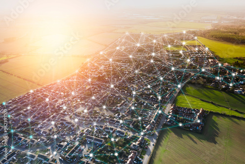 Smart city, internet of thing hosing urban masterplan sunset big data network connections