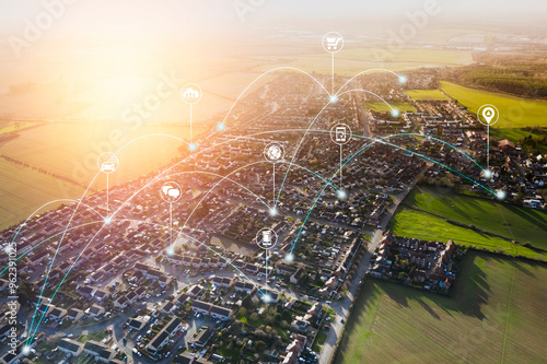 Smart city, internet of thing hosing urban masterplan sunset big data network connections