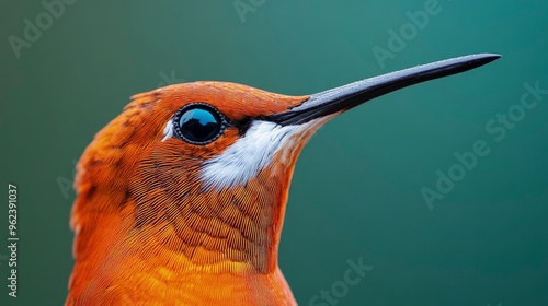 Hummingbirdâ€™s beak, long and thin, sipping nectar, bright morning light photo