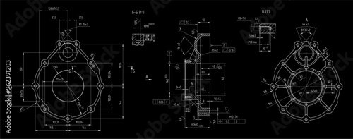 Vector drawing of steel mechanical part with through holes
and dimension lines. Engineering cad scheme. Technical computer template.