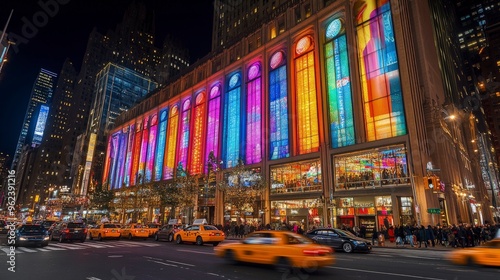 LED display billboard, vibrant colors, city street, nighttime illumination