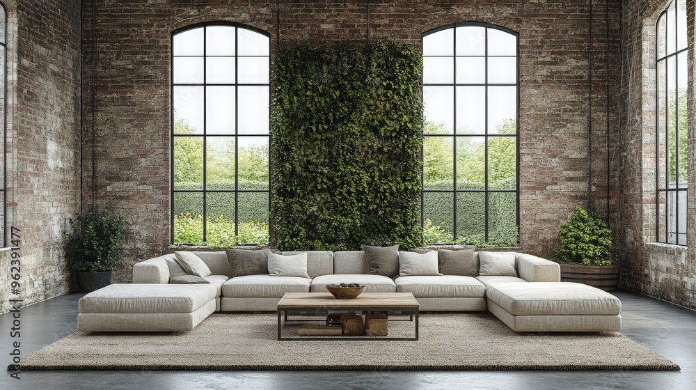 Living room with recycled materials furniture, energy-efficient windows, indoor garden, bright daylight Living room with recycled materials furniture, energy-efficient windows, indoor garden, bright daylight