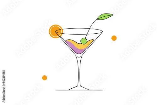 Colorful Martini Glass with Olive Garnish Line Drawing on Minimalist Background – Vector Illustration