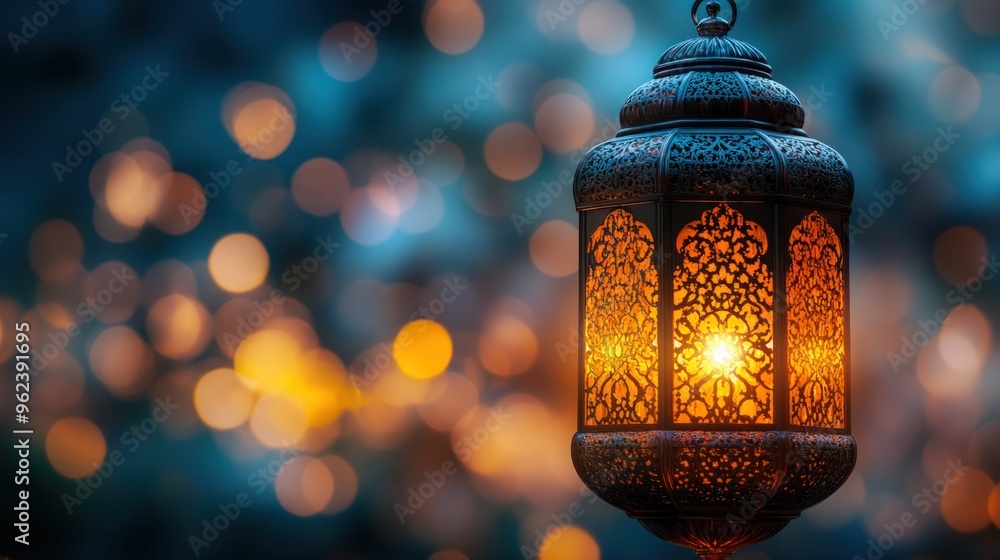 Ornate Ramadan Lantern with warm glow against a bokeh background. Ornate Ramadan Lantern with warm glow against a bokeh background.