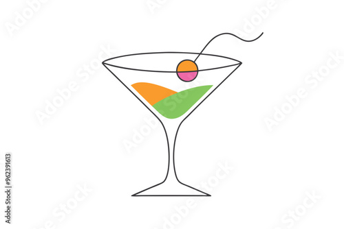 Colorful Martini Glass with Olive Garnish Line Drawing on Minimalist Background – Vector Illustration