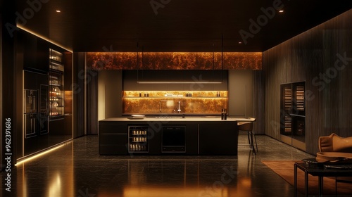 Modern office kitchen, sleek appliances and countertops, contemporary design, soft ambient light