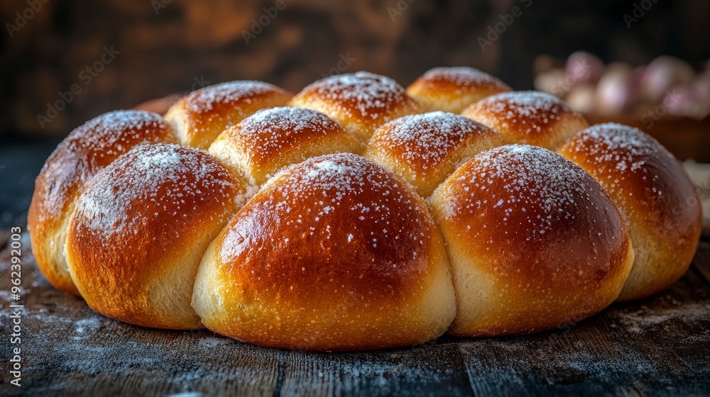 Pan de muerto, sweet bread, decorated with sugar, soft morning light Pan de muerto, sweet bread, decorated with sugar, soft morning light