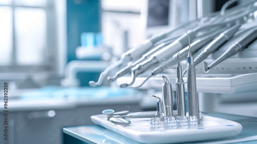 Close-up of a set of sterile dental tools neatly arranged on a tray in a modern dental clinic. The clean and organized setup emphasizes hygiene and professional care in a clinical environment, ideal Close-up of a set of sterile dental tools neatly arranged on a tray in a modern dental clinic. The clean and organized setup emphasizes hygiene and professional care in a clinical environment, ideal