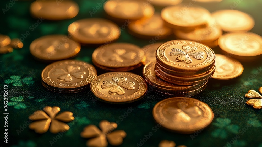 St. Patrick’s Day gold coins, scattered on a green tablecloth, clover decorations around, soft indoor light St. Patrick’s Day gold coins, scattered on a green tablecloth, clover decorations around, soft indoor light