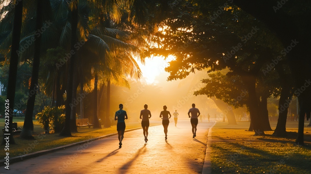 Silhouette of people running in a park at sunrise. Silhouette of people running in a park at sunrise.