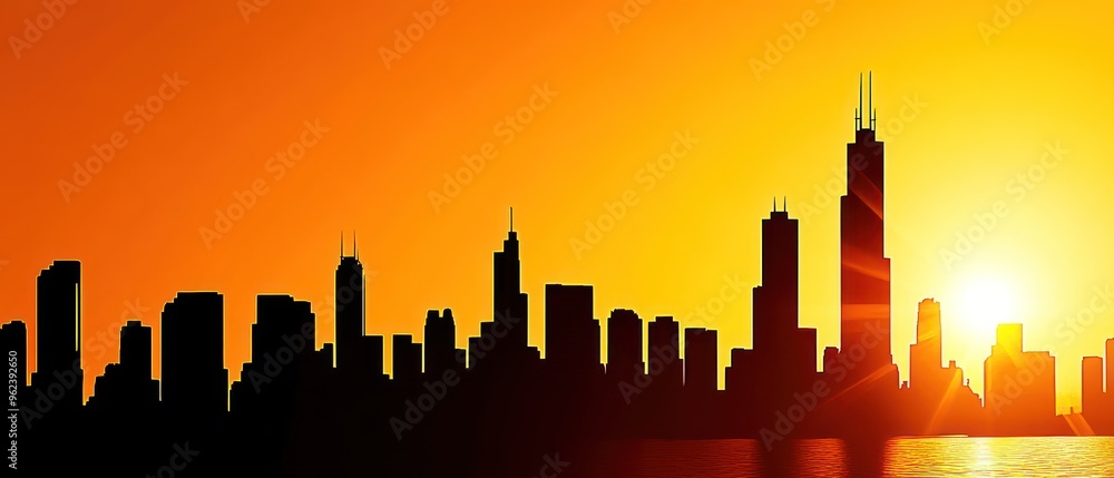 A Silhouette of Chicago's Skyline with a Glowing Sunset A Silhouette of Chicago's Skyline with a Glowing Sunset