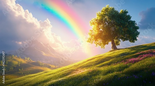 St. Patrickâ€™s Day rainbow, stretching over a field, leading to a pot of gold, bright daylight