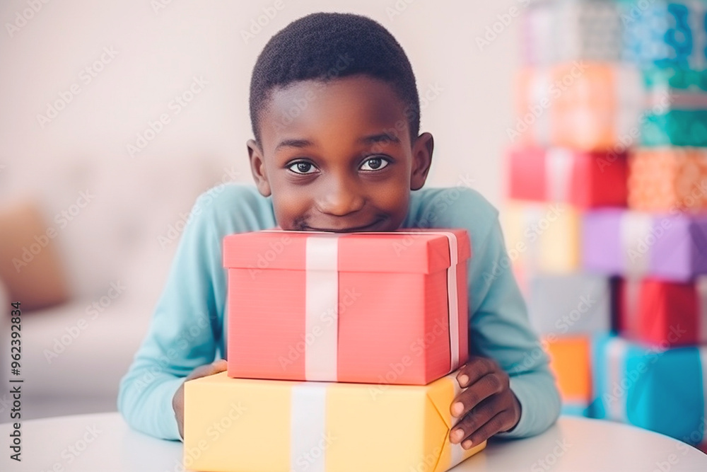 Gleeful child's face lighting up as they hold a gift. Children's Day gift box. Gleeful child's face lighting up as they hold a gift. Children's Day gift box.