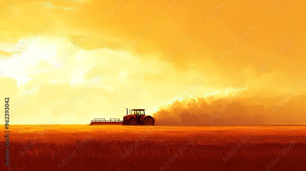 Tractor plowing a field, dust in the air, late afternoon light Tractor plowing a field, dust in the air, late afternoon light